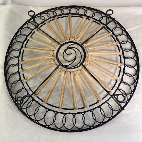 Large Woven Bamboo & Black Metal Round Tray Boho Farmhouse Decor 17” - Picture 8 of 9
